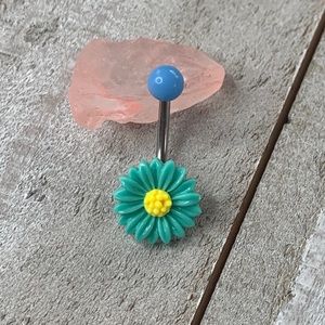 BLUE DAISY ACRYLIC BELLY BUTTON RING NAVEL RING NEW 14 GAUGE SURGICAL STEEL